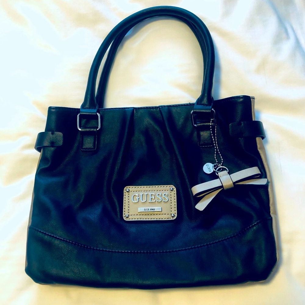 Guess Black and Tan Satchel , DividedOrganizer, Bow and logo tag purse charm